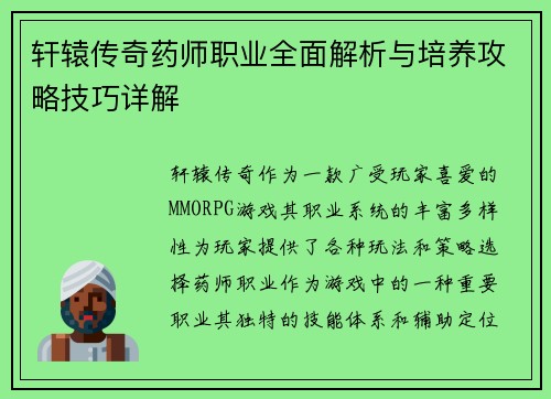 轩辕传奇药师职业全面解析与培养攻略技巧详解